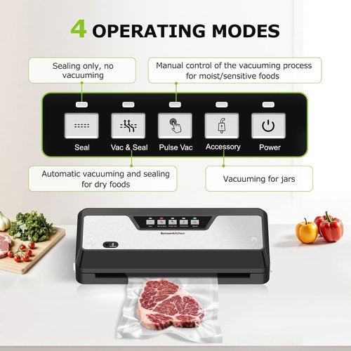 Bonsenkitchen Vacuum Sealer Machine - Multifunctional Food Sealer with Built-in Cutter & 5 Pre-Cut Bags, Black