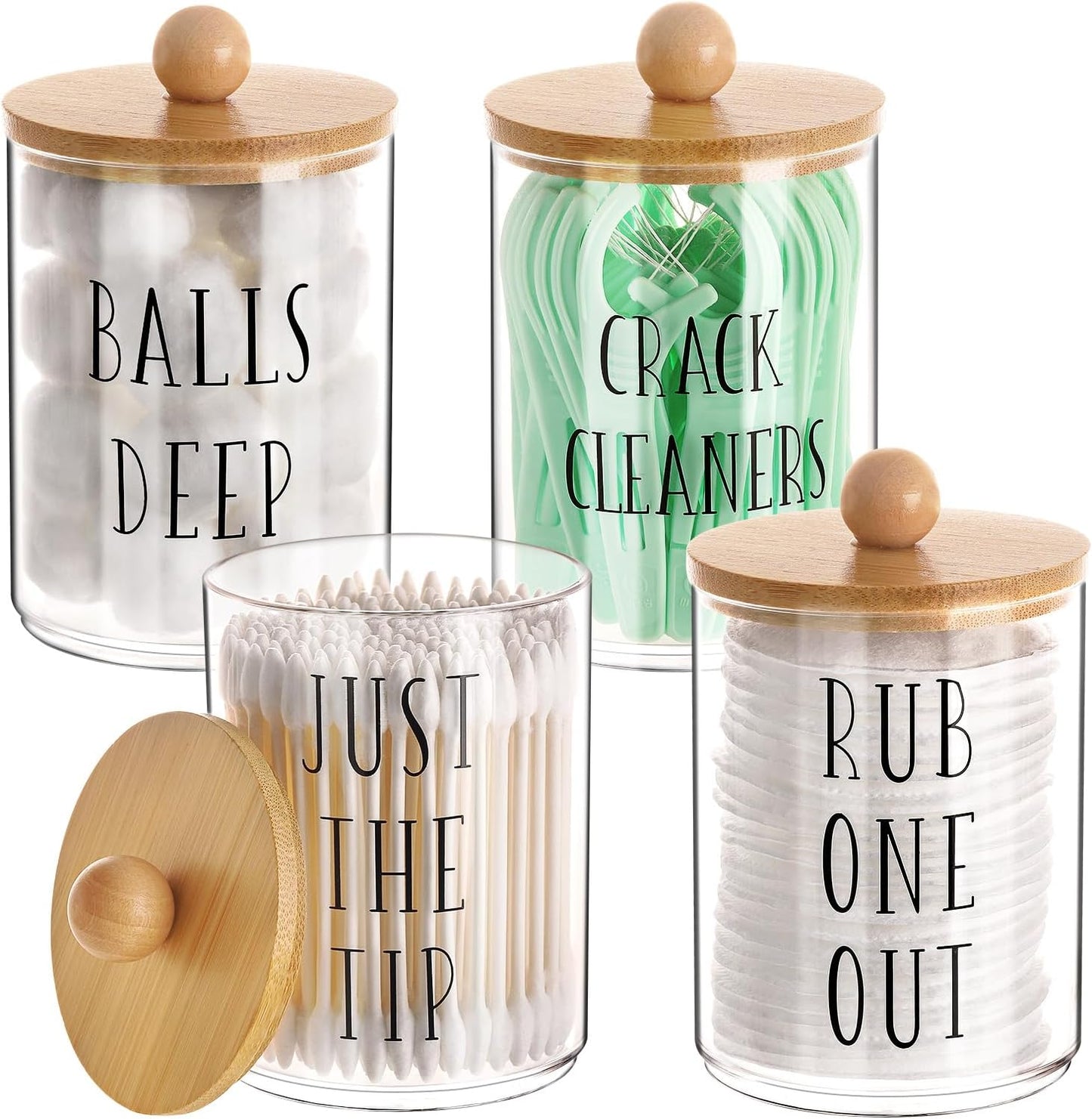 Tbestmax Qtip Holder - 10 oz Clear Plastic Bathroom Organizer with Bamboo Lids | Perfect for Cotton Balls & Swabs