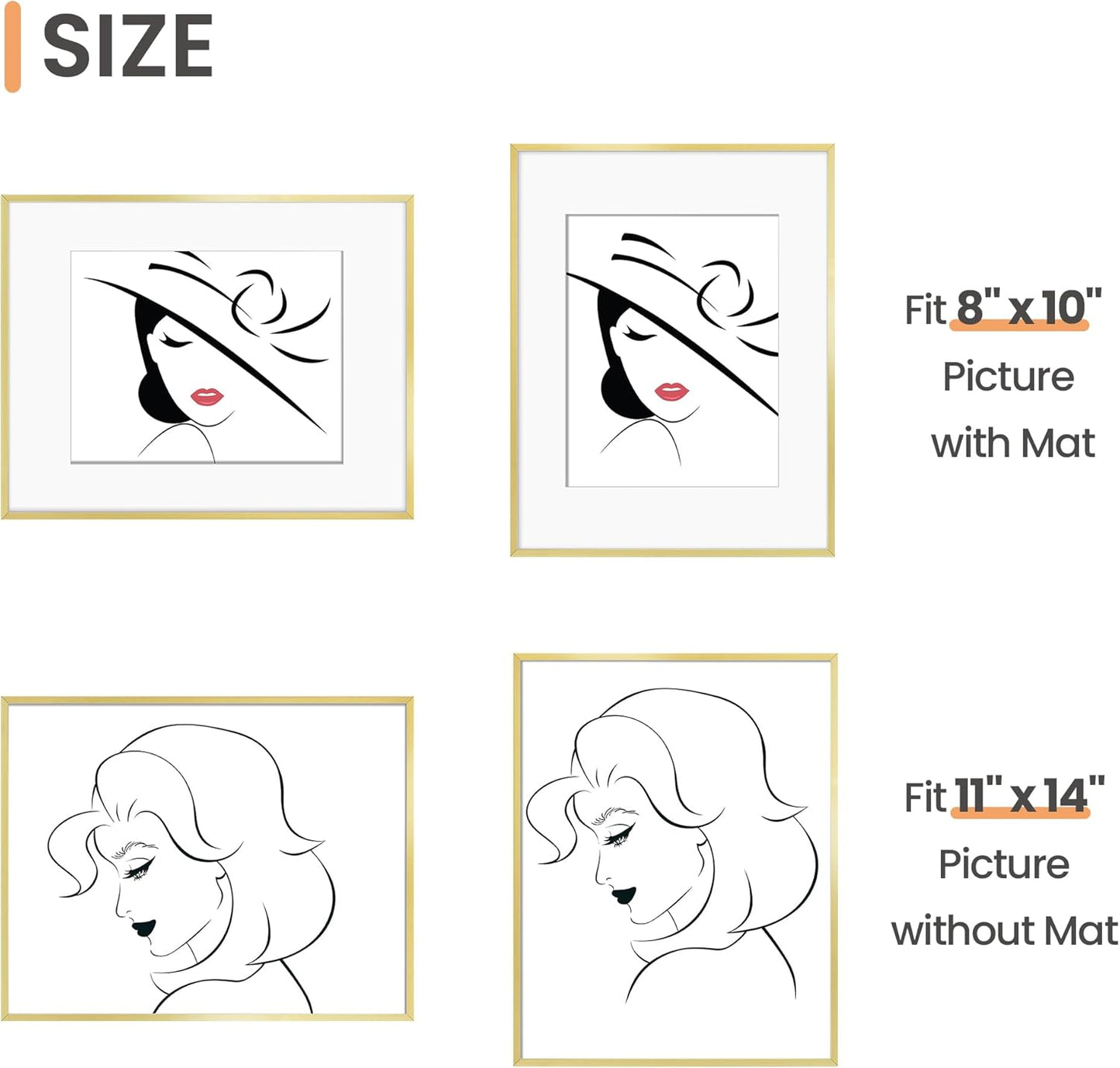 Upsimples Aluminum Picture Frame - Gold 11x14 for 8x10 Photos with Mat | Wall Hanging Metal Frame