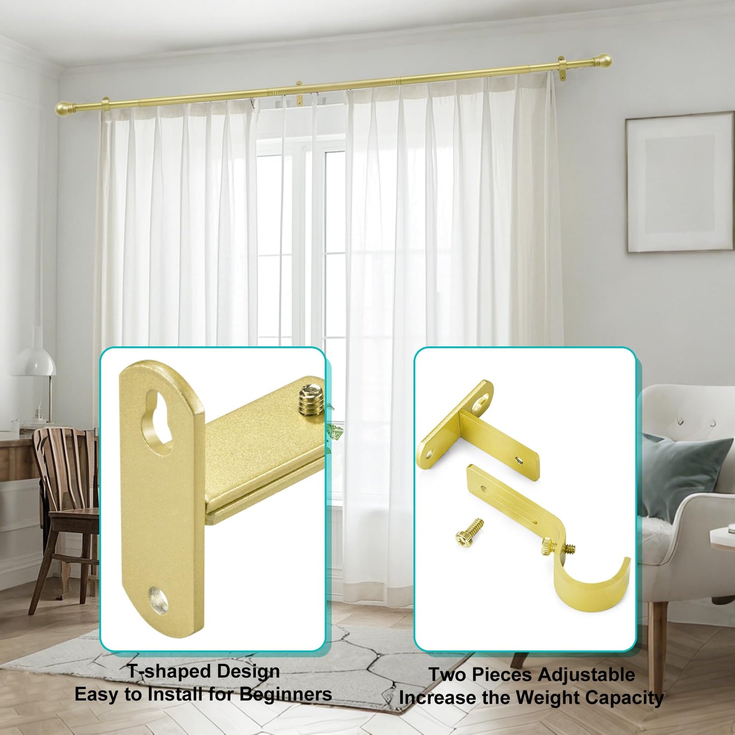 AMZSEVEN Adjustable Curtain Rod Brackets, Metal Window Drapery Rod Hanger Holders Hooks for 1 inch Rods (Warm Gold, Set of 2)