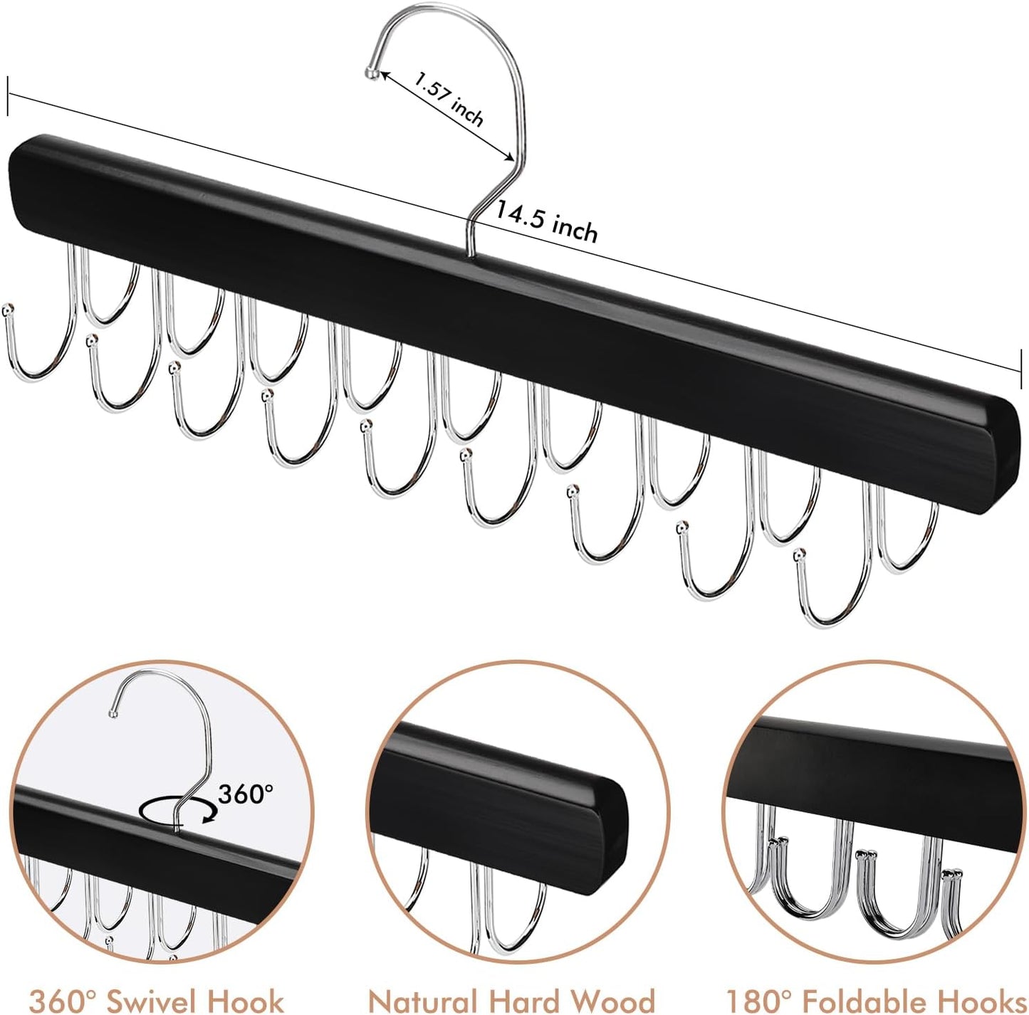 NECAMOCU Bra Hanger - Premium Wooden Closet Organizer with 36 Foldable Hooks | Space-Saving Design in Black