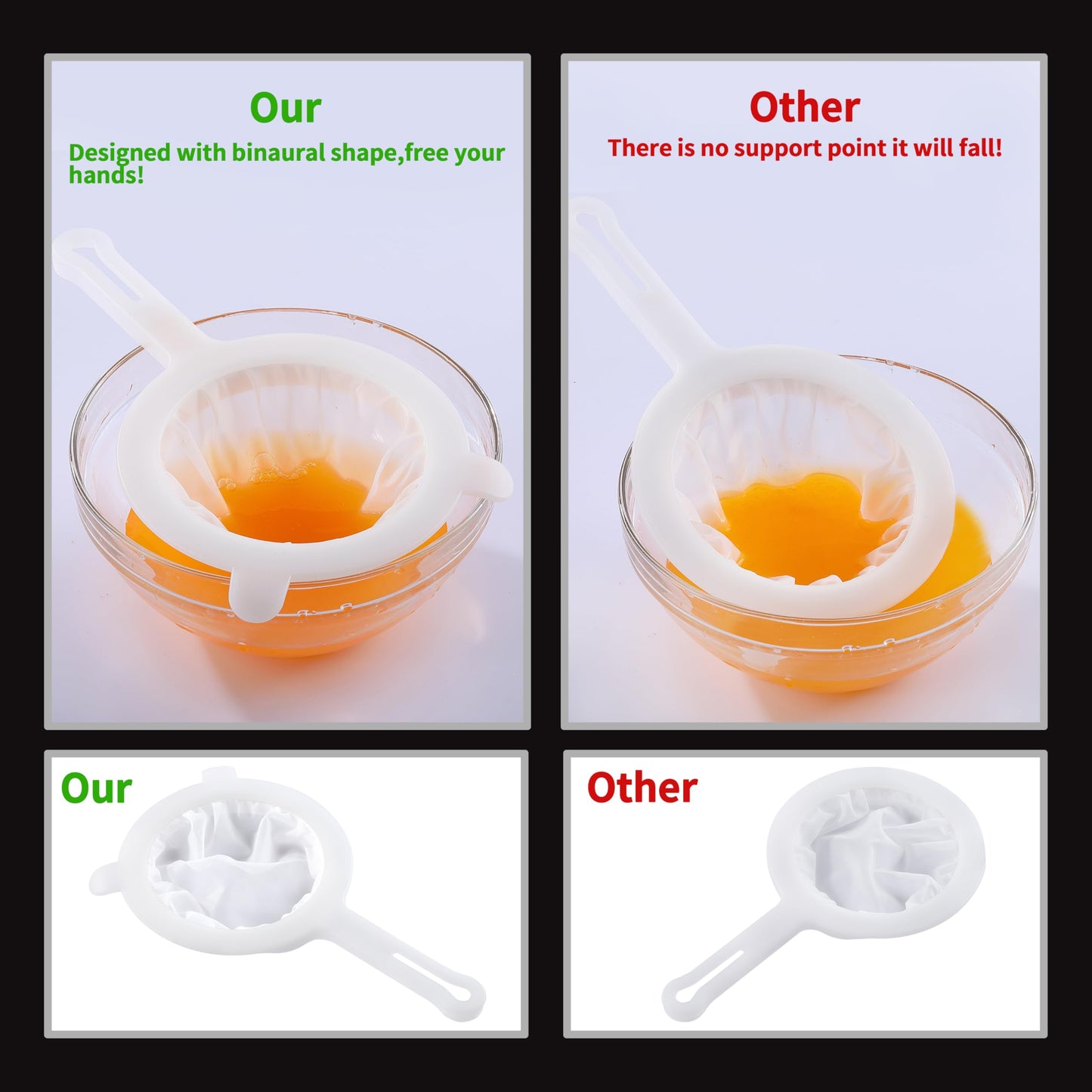 VRUIFA 2PCS Plastic Fine Mesh Strainer, Nylon Ultra Strainer for Juice,Yogurt, Coffee, Honey, Milk, Nut Milk with Handle (120+200Mesh)