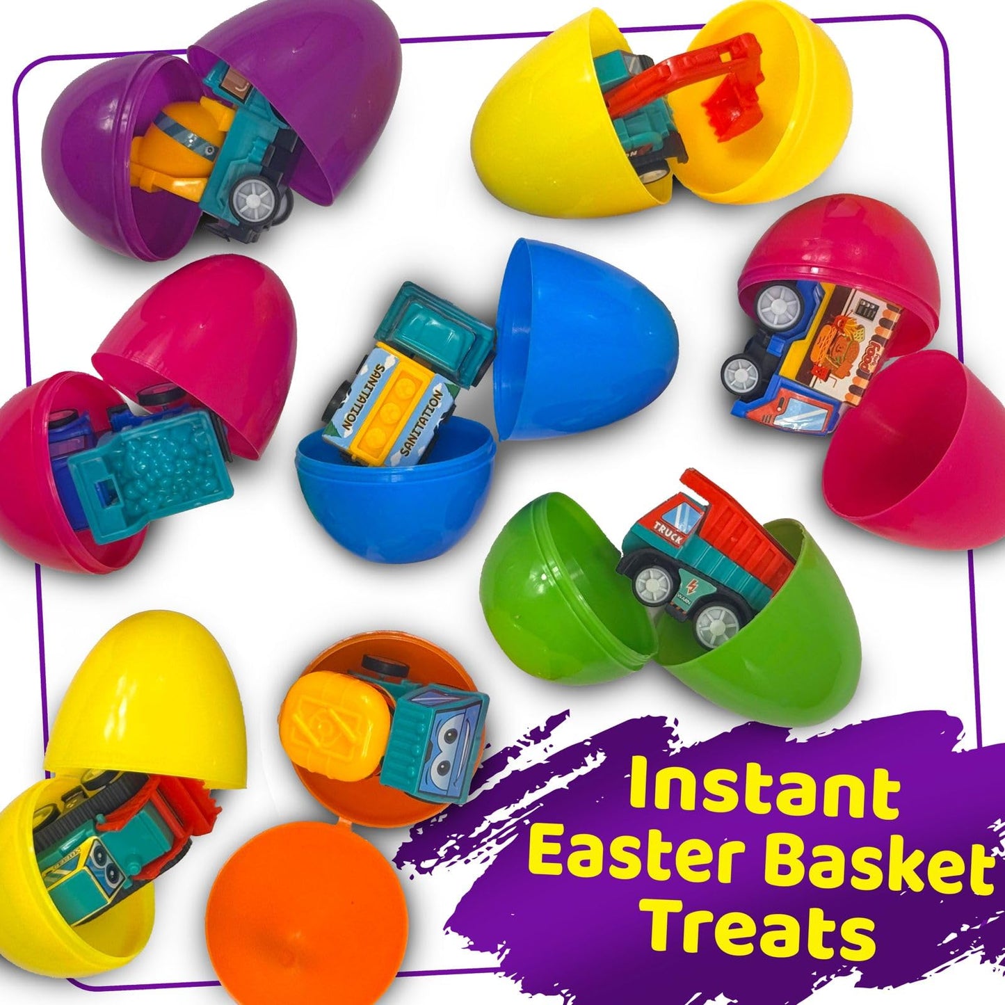 stargo 24 Pack Colorful Prefilled Easter Eggs bulk with toys - Mini Car set Construction Engineering Vehicles pull-back cars. Plastic Easter Eggs Filled, Basket Fillers, Party Favors, Boys Goodie Bags