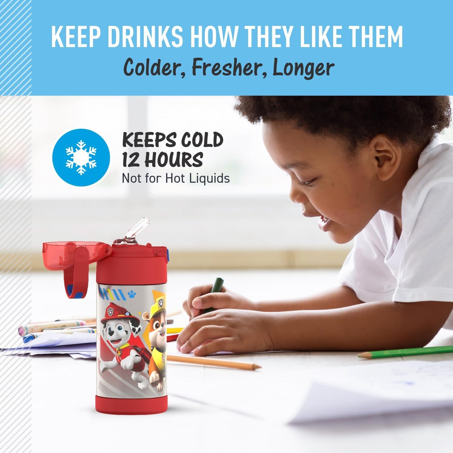 THERMOS FUNTAINER Water Bottle - 12 Ounce Kids Stainless Steel Vacuum Insulated with Straw | Paw Patrol Design