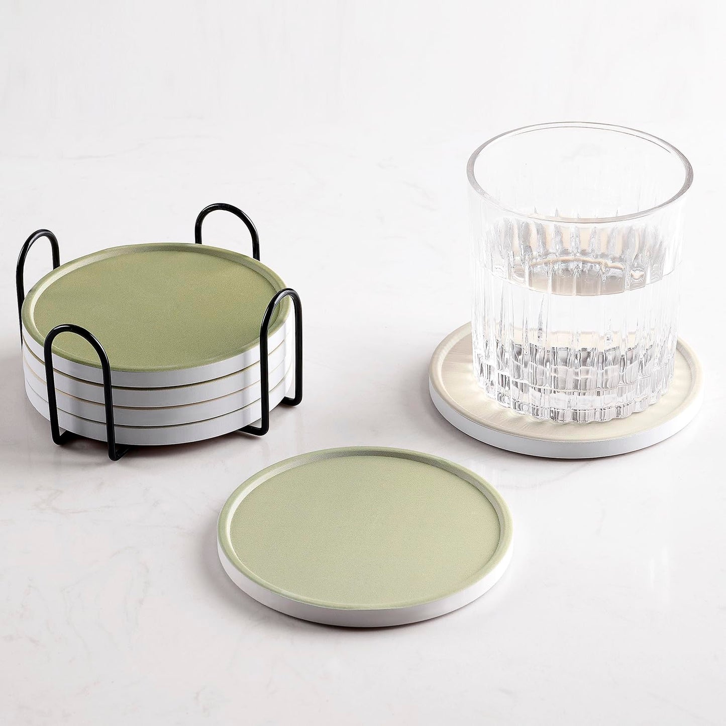 Hoomey Set of 6 Beige and Green Coasters with Holder, Absorbent Ceramic Drink Coasters with Cork Backing for Table Protection, Table Decor, Housewarming Gifts