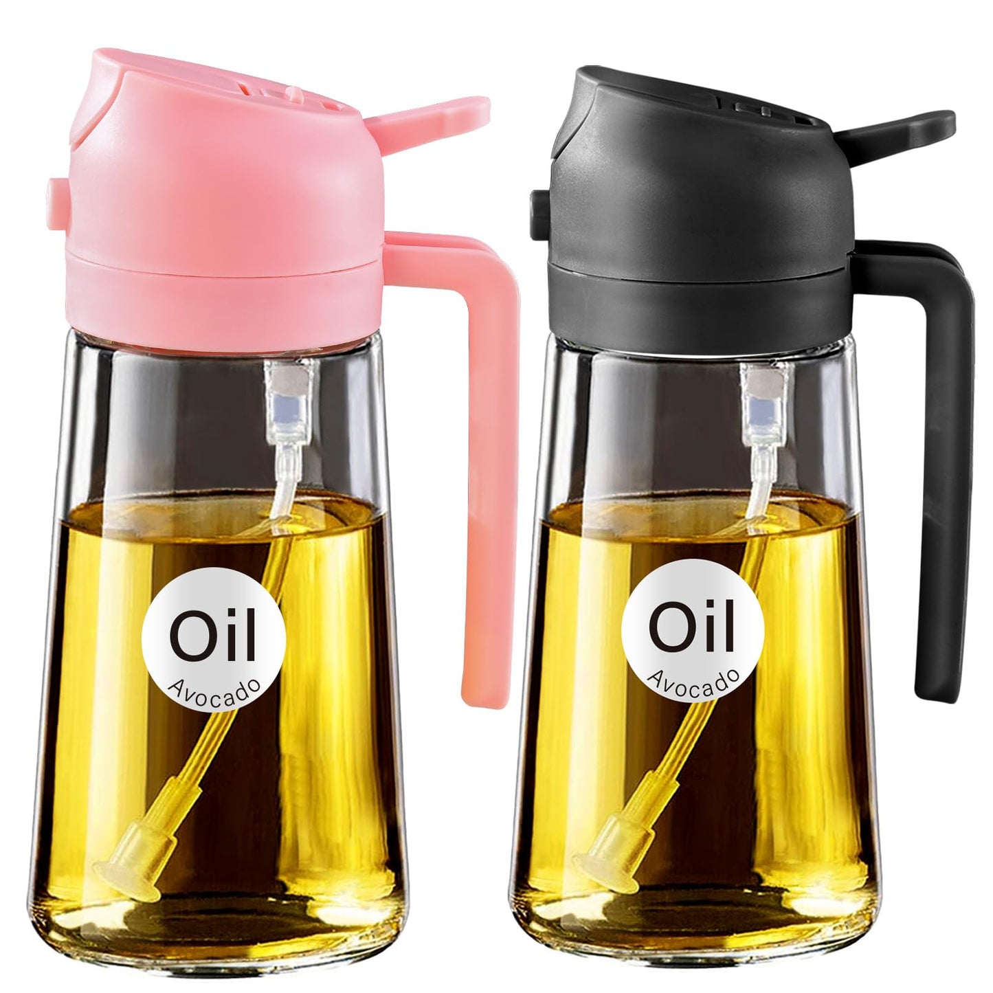 YARRAMATE 2Pcs 16oz/470ml Glass Olive Oil Sprayer for Cooking with Stickers, 2 in 1 Oil Dispenser for Kitchen Gadgets, Food Grade Premium Spray Bottle with Portion Control for Salad, BBQ (Pink&Black)