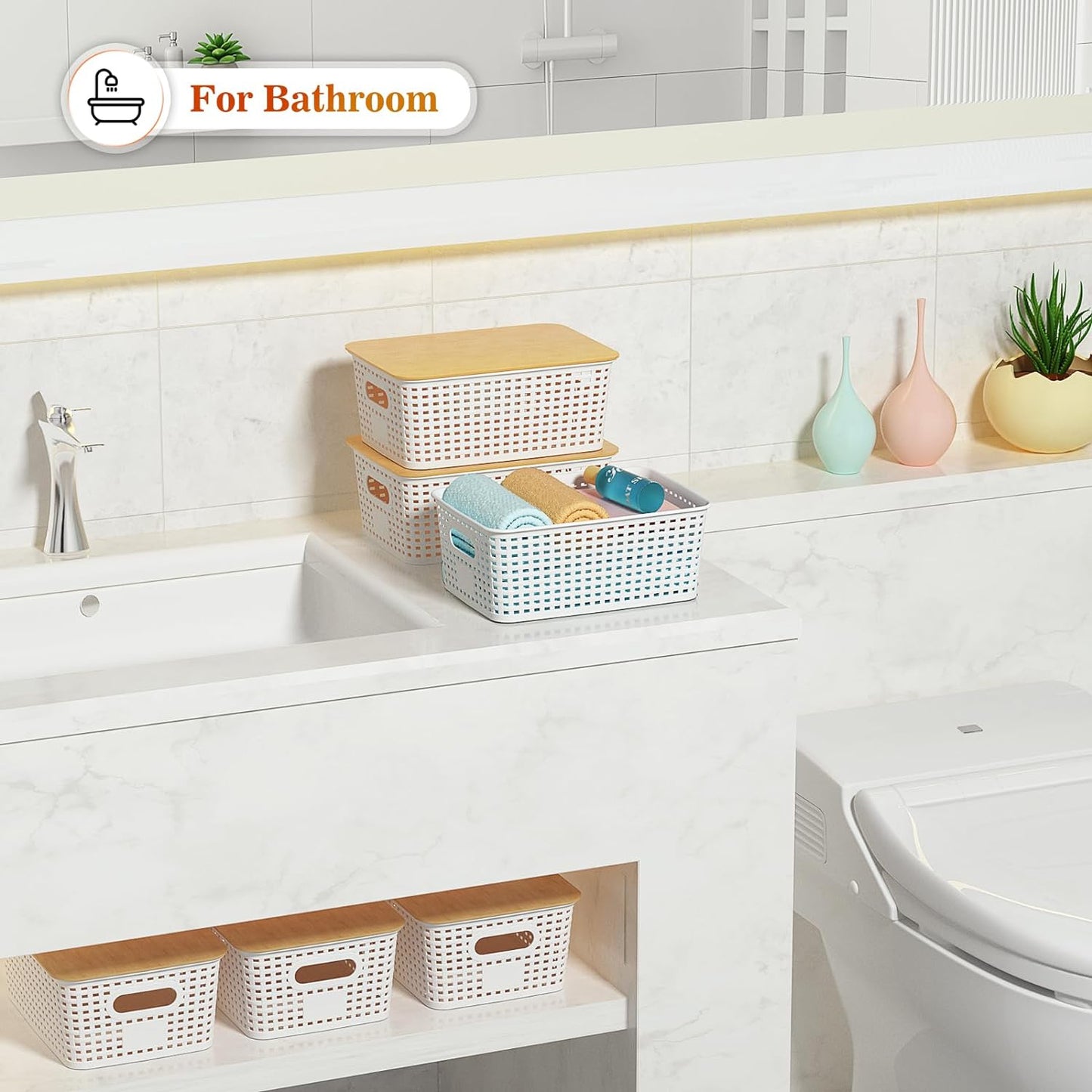 Ohmlove Plastic Storage Baskets - Stackable Containers with Bamboo Lid for Organizing | 6 Pack