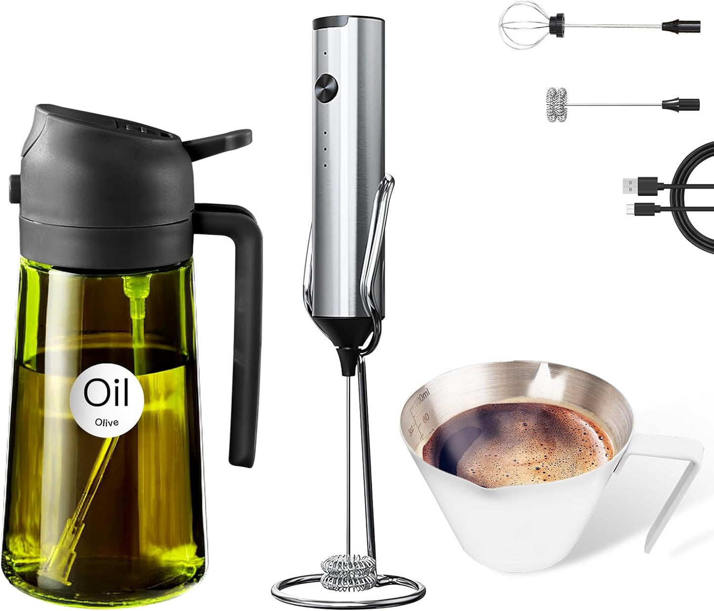 YARRAMATE Glass Olive Oil Sprayer - 16oz | Black Espresso Cup & Rechargeable Milk Frother