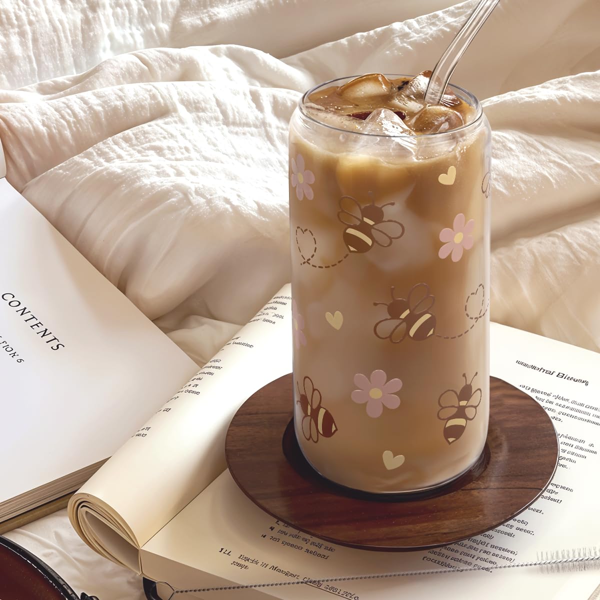 SANDJEST Bee 16oz Can Glass Tumbler with Acrylic Lid & Straw - Iced Coffee Cup for Women Girls, Aesthetic Cups Gifts for Birthday Christmas