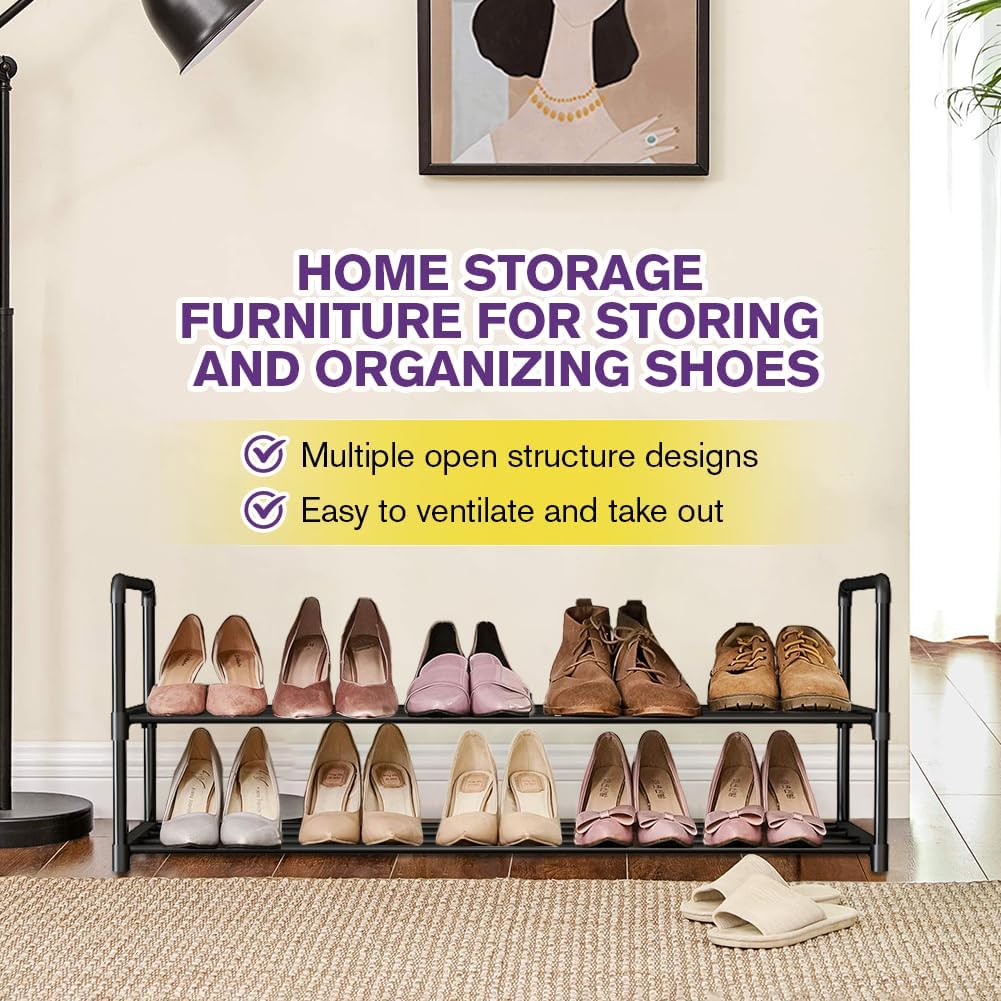 Metal Shoe Rack Organizer by [Brand Name] - Stackable Storage Shelf for Entryway | 2-Tier Black Design (30cm x 92cm x 55cm)