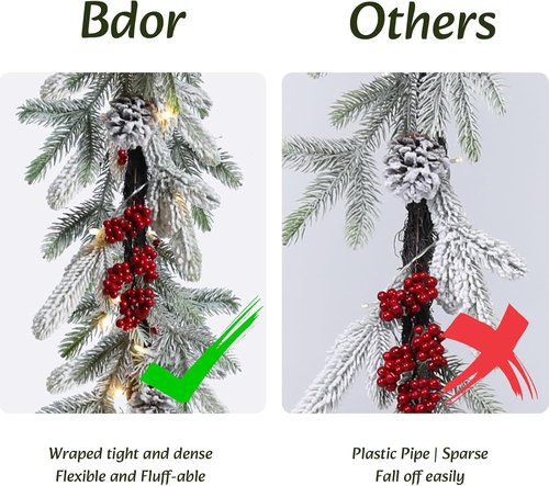 Bdor 6FT Pre-Lit Christmas Garland - Snow Flocked Pine with Red Berries & Pinecones | Battery Operated Holiday Decor