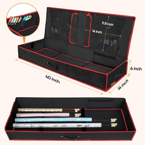 BALEINE Wrapping Paper Storage Organizer - Durable 600D Oxford Fabric Gift Wrap Bag | Black/Red with Flexible Partitions