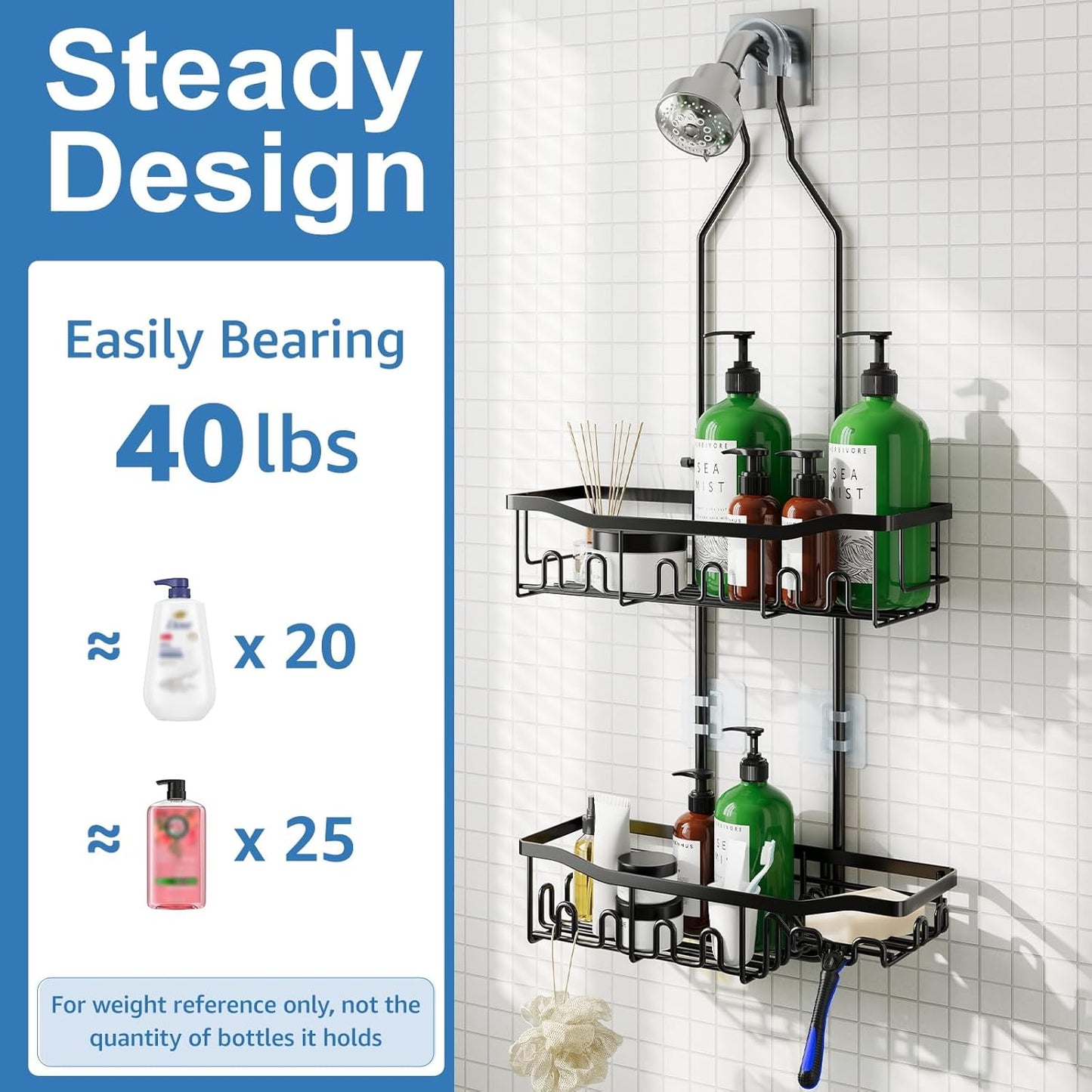 Skiennix Shower Organizer - Upgraded Extended Length Rustproof Shampoo & Soap Holder | Large Hanging Caddy