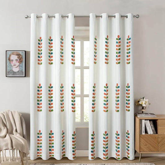 VOGOL 2 Panels Faux Linen Drapes for Living Room, Colorful Leaves Embroidered Light Filtering Curtains for Farmhouse, White Privacy Protection Grommet Window Treatments, 52 x 84 in