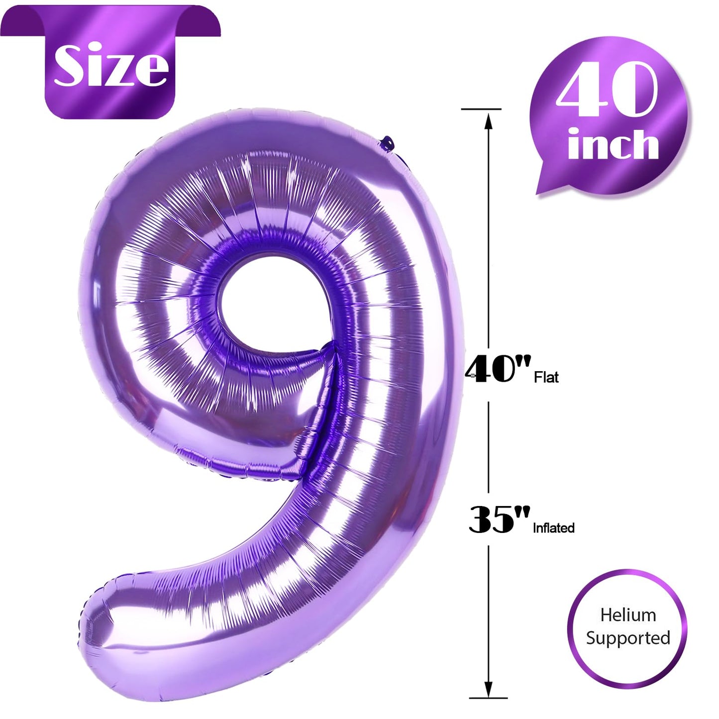 Purple Number 9 Balloon 40 Inch, 9th Birthday Party Decorations for Children, Giant 9 Foil Balloon for Party Supplies