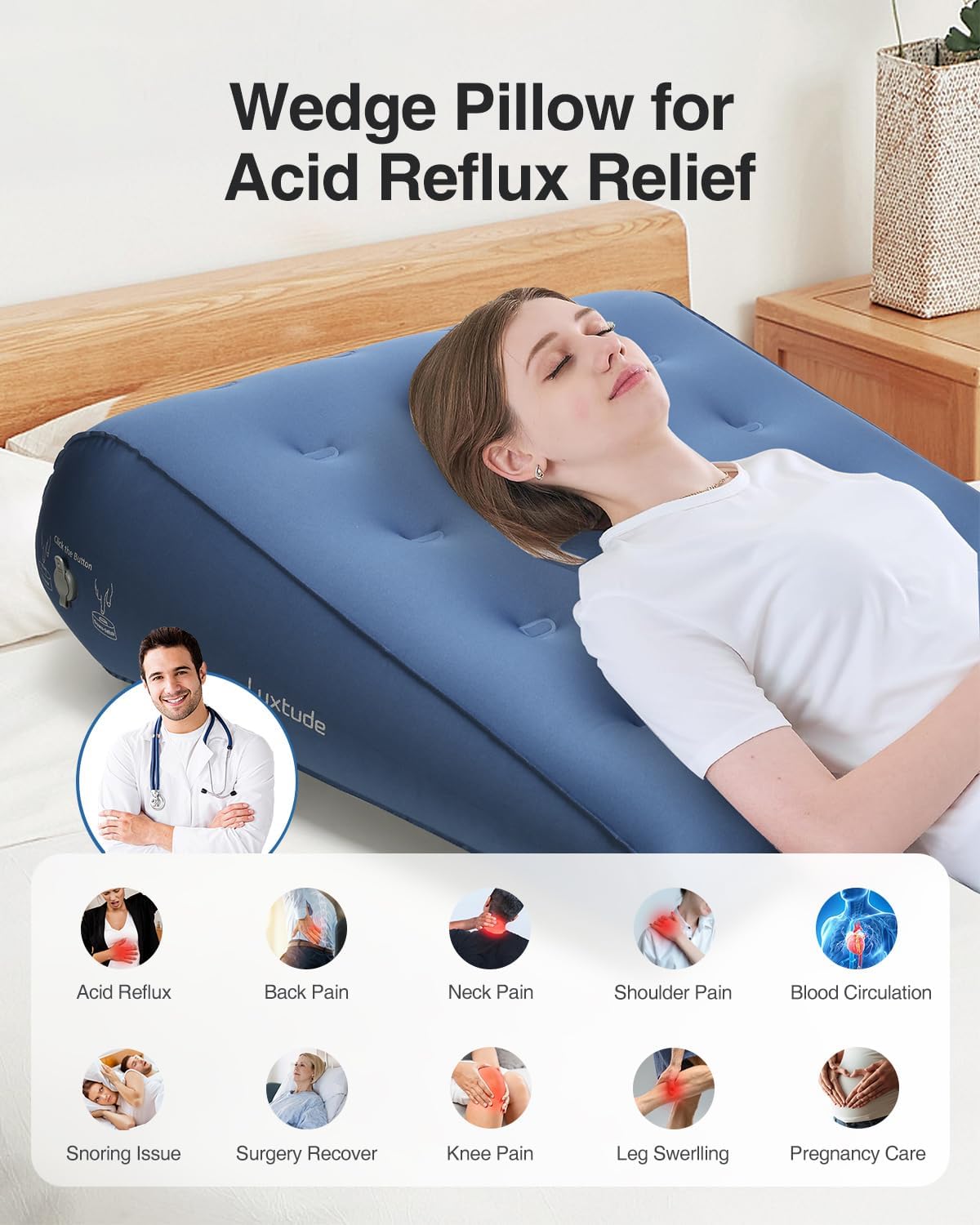 Luxtude Inflatable Wedge Pillow - Adjustable Travel Pillow for Acid Reflux & Back Pain Relief