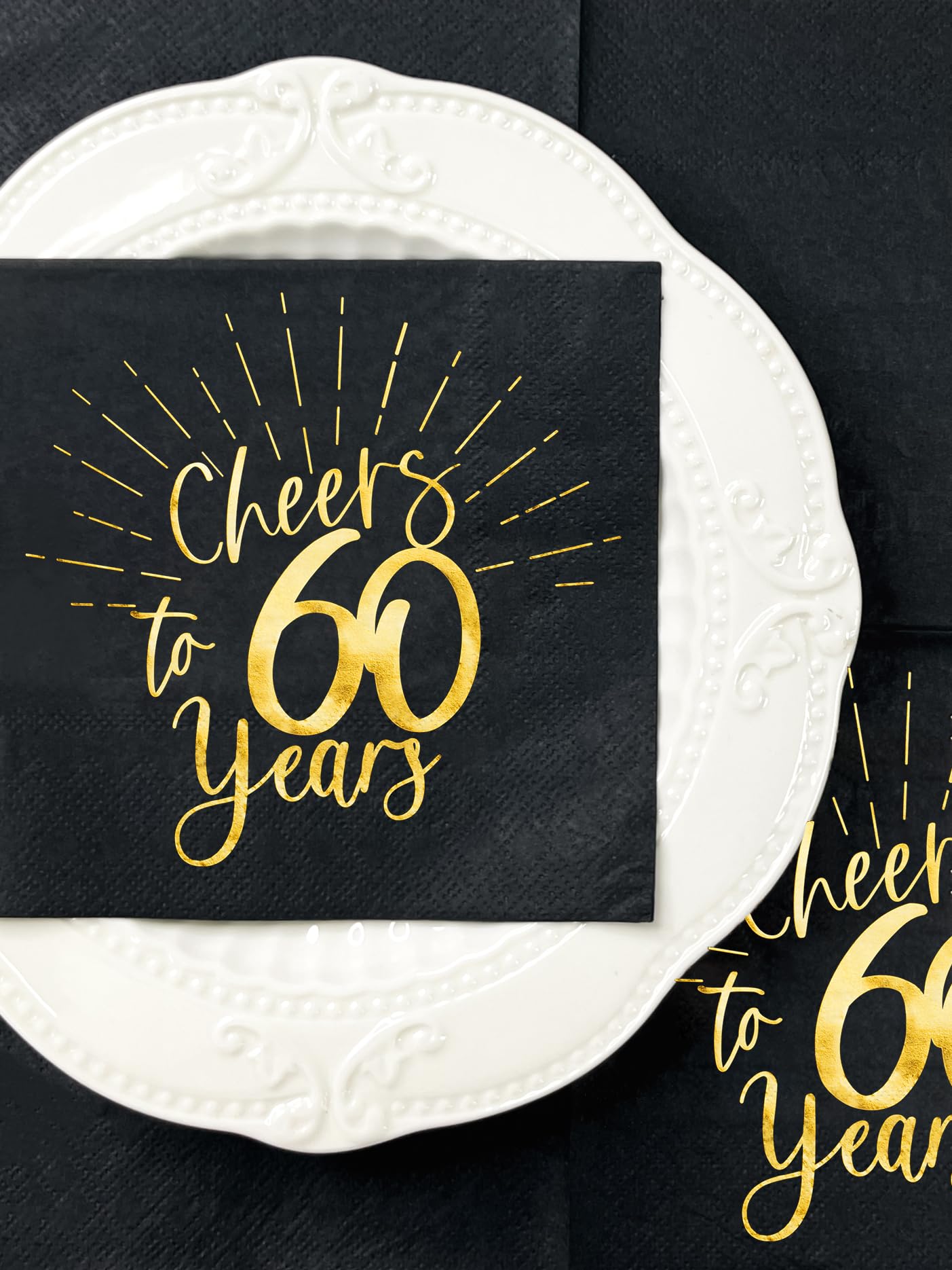 WRAPAHOLIC 50Pcs 60th Birthday Napkins - 3-Ply Disposable Paper Cocktail Napkin, Black and Gold Foil Cheers to 60 Years - 5 x 5 In