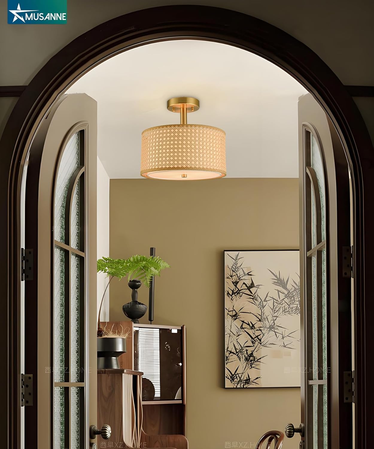 Semi flush mount ceiling light fixture for bedroom,Rattan & Fabric Double Drum Shade nursery Ceiling Light,Modern Close to Gold Ceiling Light Fixture for Entry Living Room Hallway Kitchen 3-Light