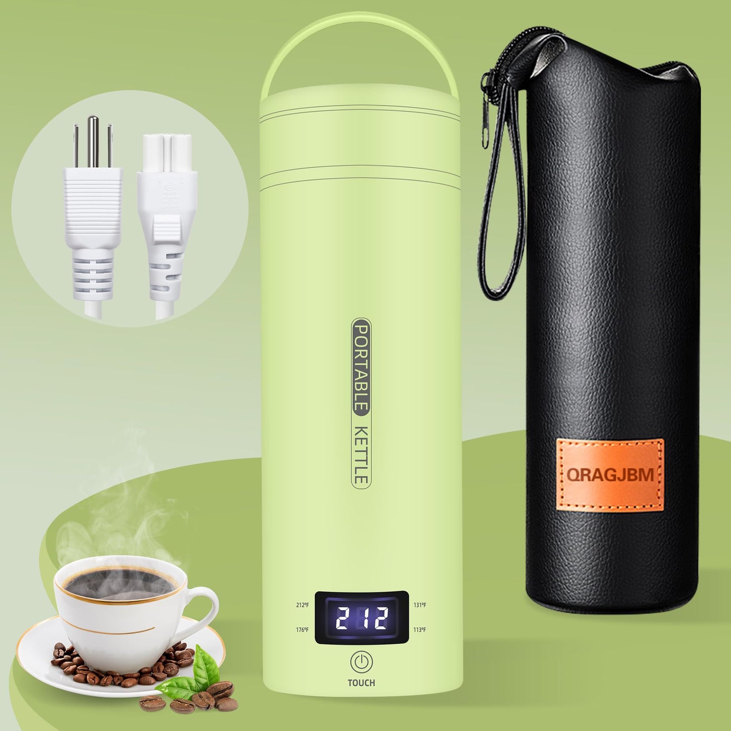 Travel Electric Kettle Portable Small Mini Tea Coffee Kettle Water Boiler, Water Heater with 4 Temperature Control,304 Stainless Steel with Auto Shut-Off & Boil Dry Protection, BPA-Free (Green)