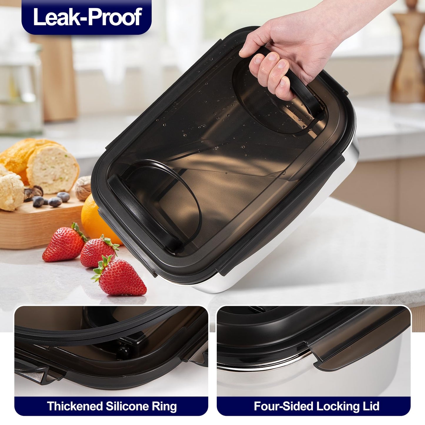 QCQHDU Stainless Steel Food Storage Containers, 7500 ML/ 254 oz / 32 Cup Large Food Storage Meal Prep Containers with Airtight Lids for Roasting Turkey, Chicken, Baking Casserole, Fruits, Party