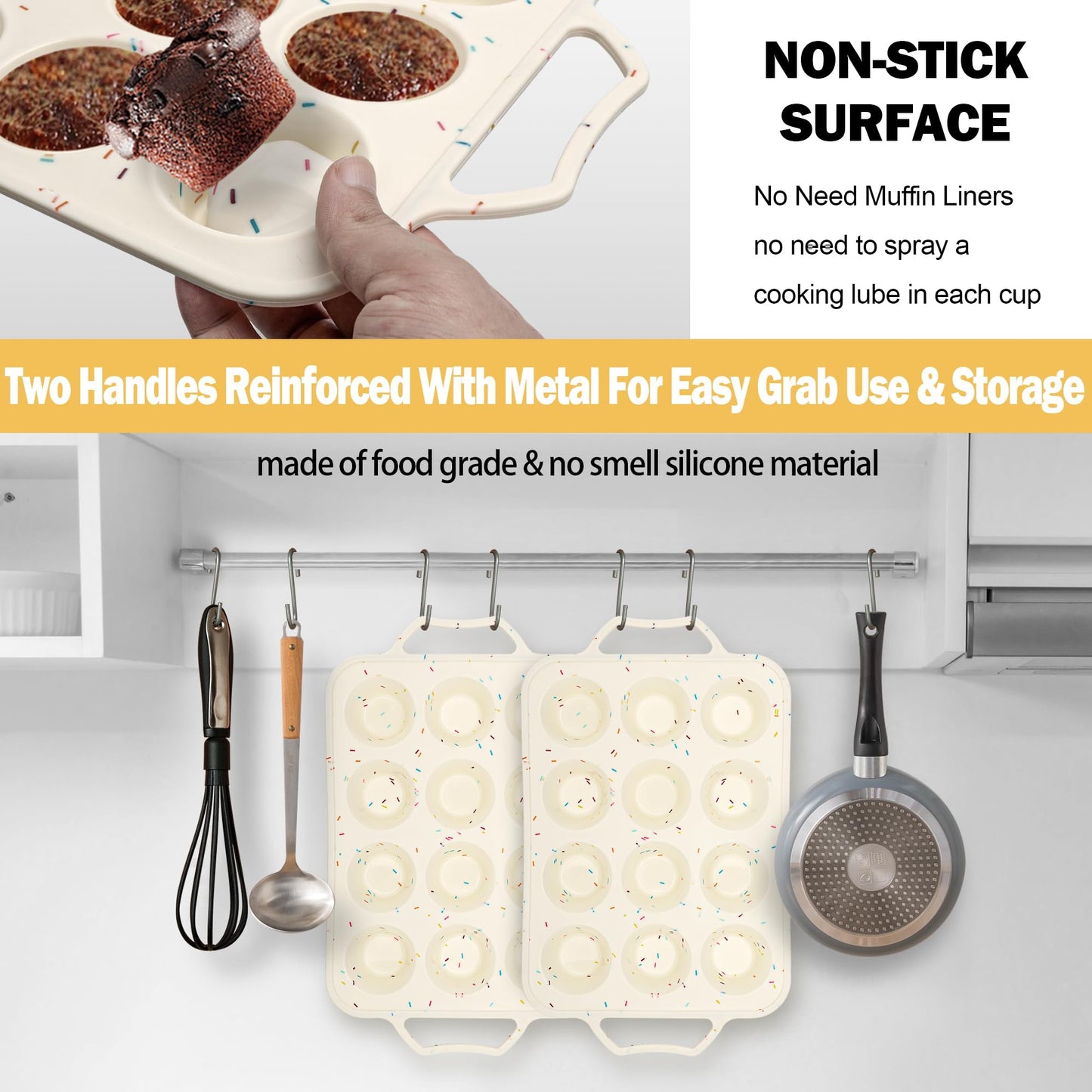 2 Pack Silicone Muffin Pans for Baking with Metal Reinforced Frame, 12 Cup Cupcake Baking Pans Nonstick for Oven, BPA Free Silicone Muffin Tin for Egg Bites Cake, Easy Pop Out & Dishwasher Safe