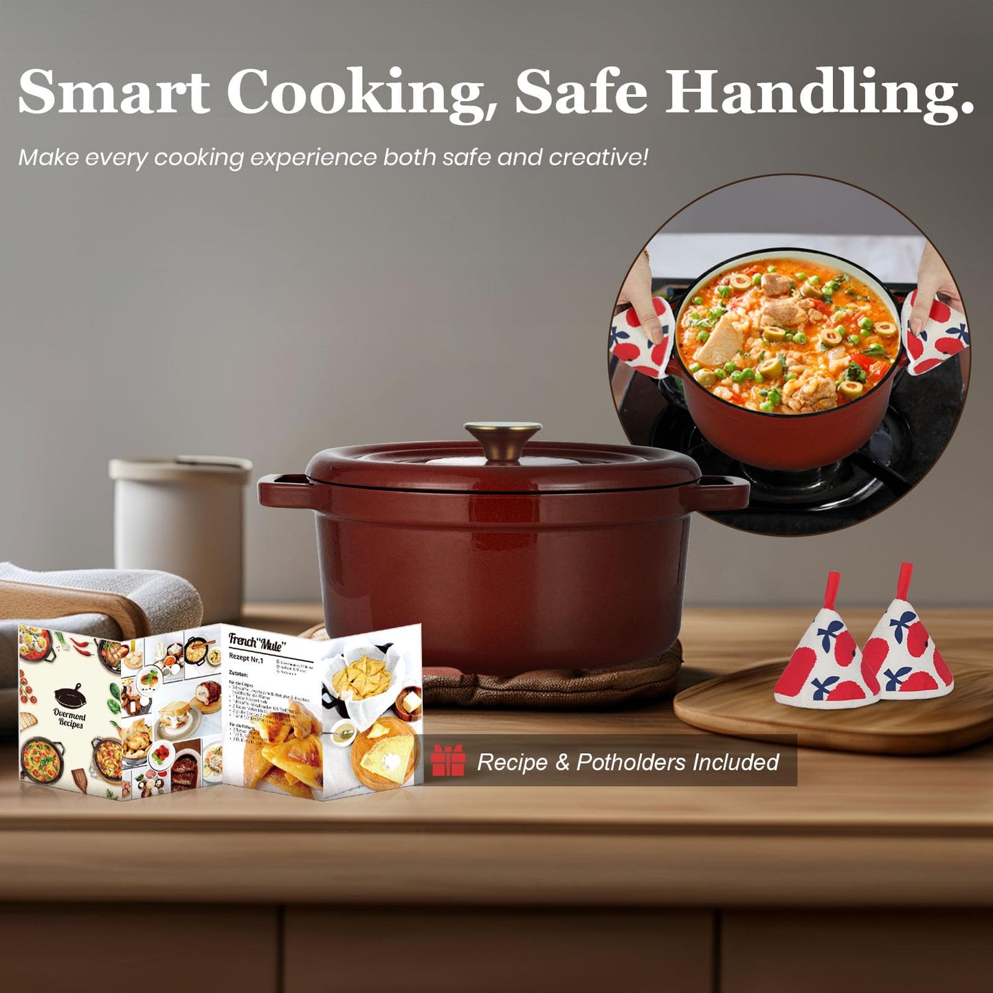 Overmont Enameled Cast Iron Dutch Oven - 5QT Pot with Lid Cookbook & Cotton Potholders - Heavy-Duty Cookware for Braising, Stews, Roasting, Sourdough Baking burgundy