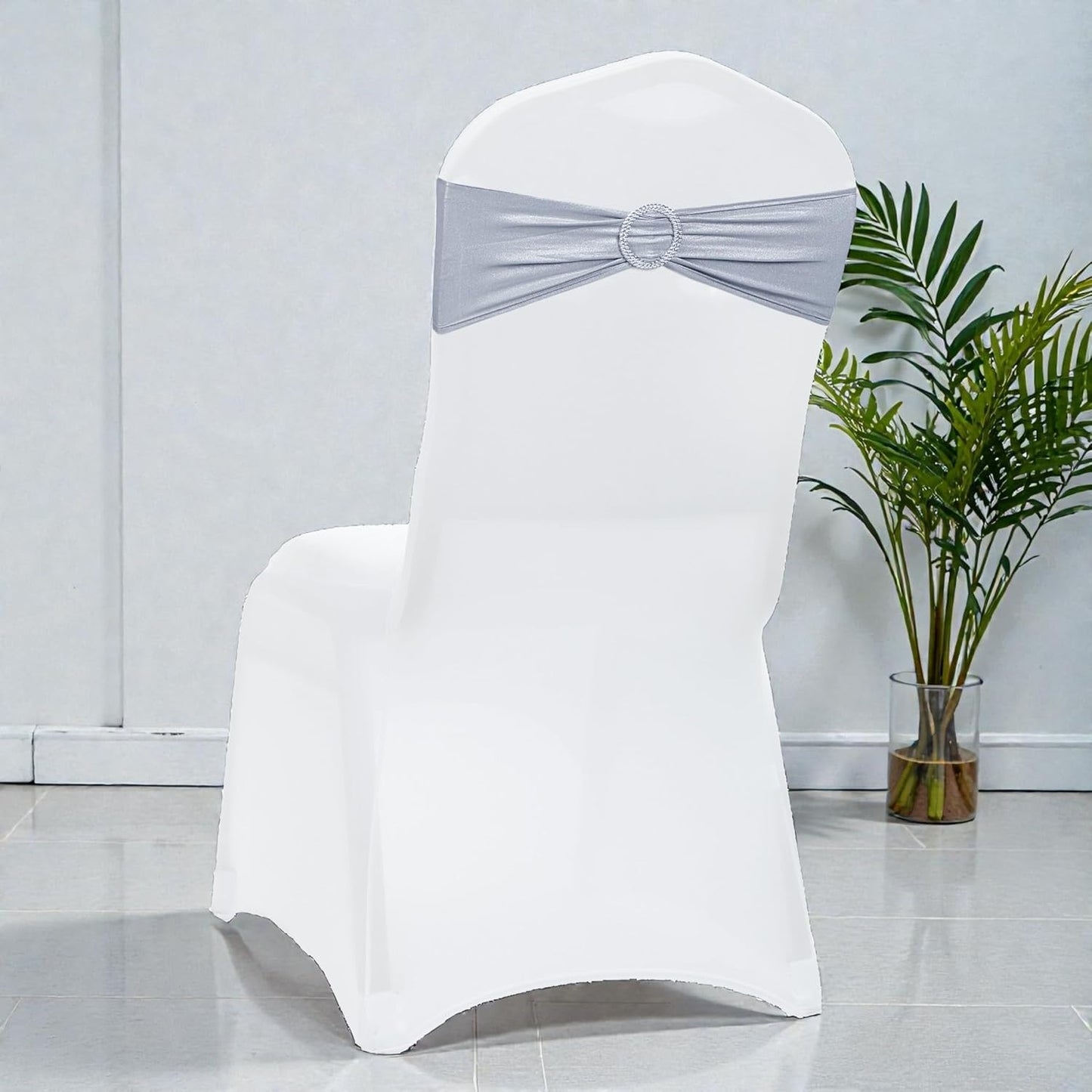 MDS Spandex Foil Chair Sashes - Universal Fit Elastic Stretch Bands with Buckle for Weddings | Metallic Silver - Pack of 10