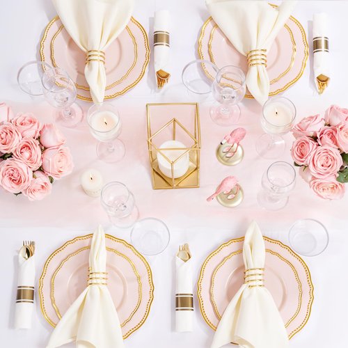 Hioasis 175pcs Pink and Gold Plastic Plates - Pink Plastic Dinnerware Set Includes 25 Dinner Plates, 25 Dessert Dinnerware, 25 Cups, 25 Napkins Perfect for Wedding & Easter