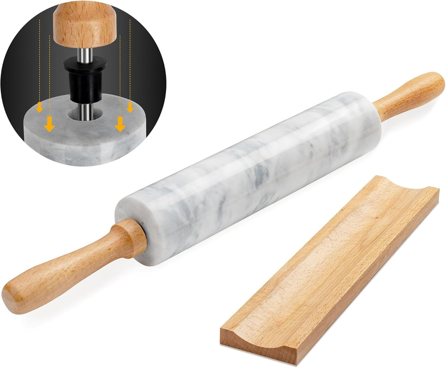 Skiennix Marble Rolling Pin - 16.7 Inches with Wooden Handles & Cradle | Perfect for Pizza Dough, Pasta, Cookies, and More!
