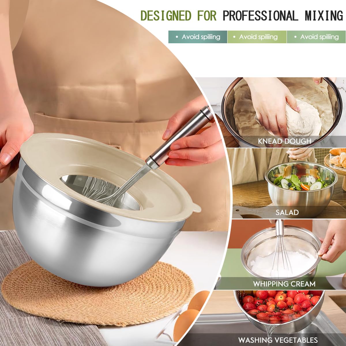 JUJOJB Mixing Bowls With Lids Set,Stainless Steel Mixing Bowls Set With 3 Grater,Metal Nesting Bowls For Kitchen Baking Refrigerator Meal Prep Food Storage Organizer,7 Size(Khaki)
