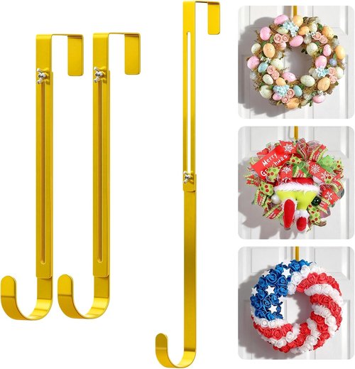Gold Wreath Hanger - Adjustable Over The Door Hook (15-25 Inch) | Heavy Duty Metal Holder for Seasonal Decor