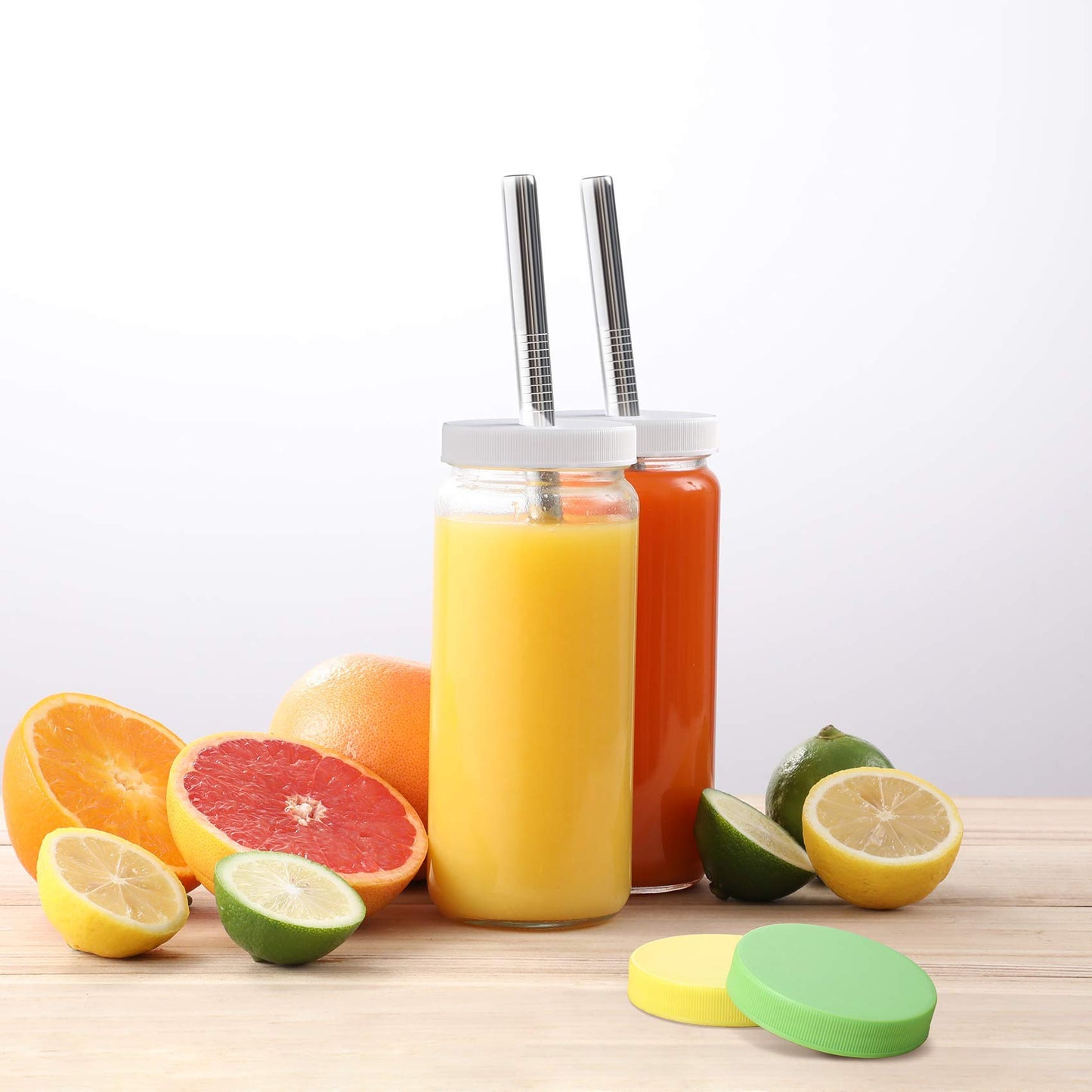 8 Pack Glass Juicing Bottle Drinking Jars with 2 Straws & 2 Lids w Hole- 16 OZ Travel Water Cups with Colored Airtight Lids, Reusable Tall Mason Jar for Juice, Bubble Tea, Smoothie, Tea, Kombucha