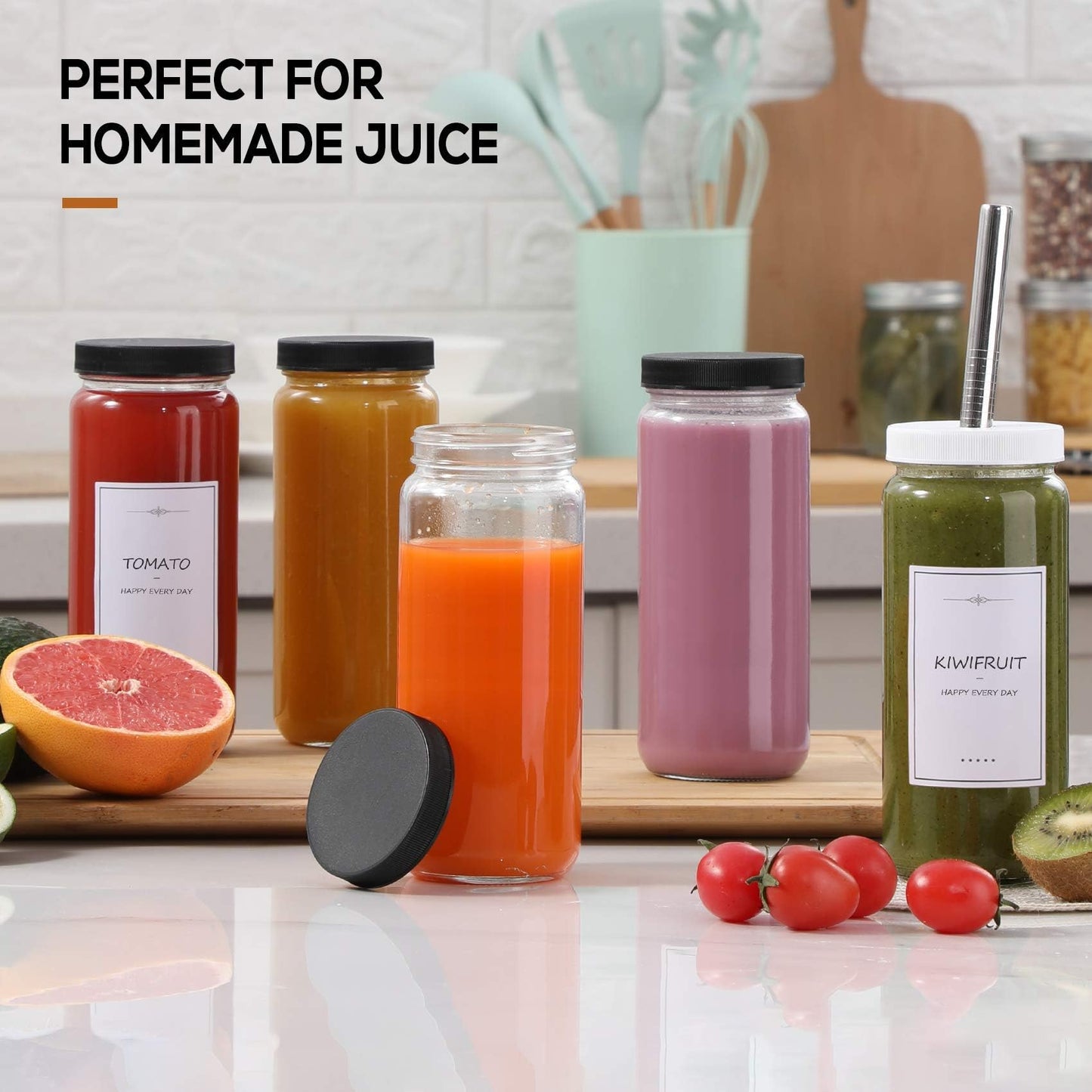 8 Pack Glass Juice Bottles with 8 Airtight Lids & 2 Straw Hole Lids & 2 Straws - 16OZ Travel Juicing Jars, Drinking Water Cups - Reusable Tall Mason Jar for Juice, Bubble Tea, Smoothie, Kombucha