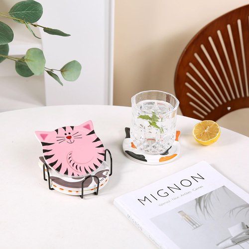 Auxmeware Coasters Set of 4, Cute Marble Cup Coaster with Holder for Drinks, Absorbent Coasters, Modern Table Coaster, Cat