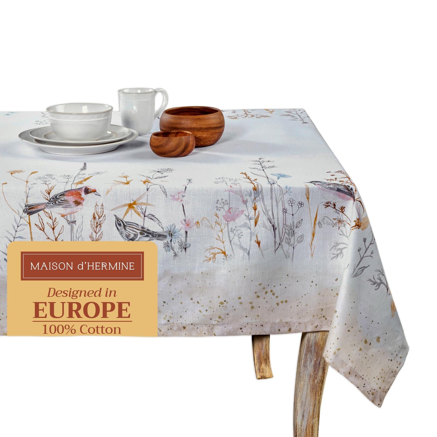 Maison d' Hermine Table Cloth Square Table 100% Cotton 60 x 60 Inches Tablecloth Reusable Decorative for Dining Kitchen Room Farmhouse Home Gifts for Mothers day Spring Summer - Meadow Florals - Beige
