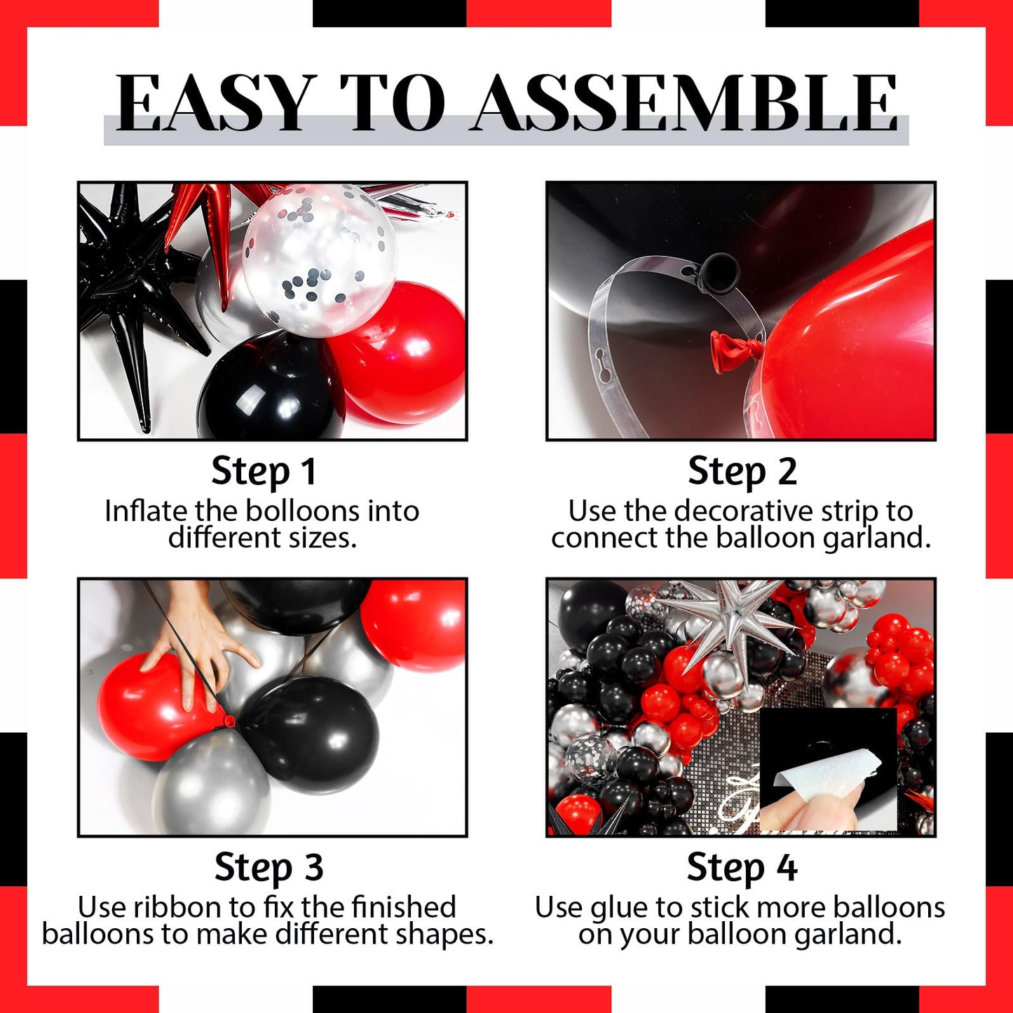 Red and Black Balloon Arch Kit with 3pcs Star Balloons, Red Black and Metallic Silver Balloons Garland Kit for Birthday Red Black Graduation 2025 New Year Party Decorations