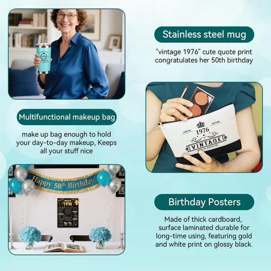 TrophyToast 50th Birthday Gifts for Women Her- 4 pcs, Turning 50 Year Old Gifts, Decorations Canvas Beach Tote Bag & Makeup Bag, Unique Happy 50th Present for Her Mom Wife Friends
