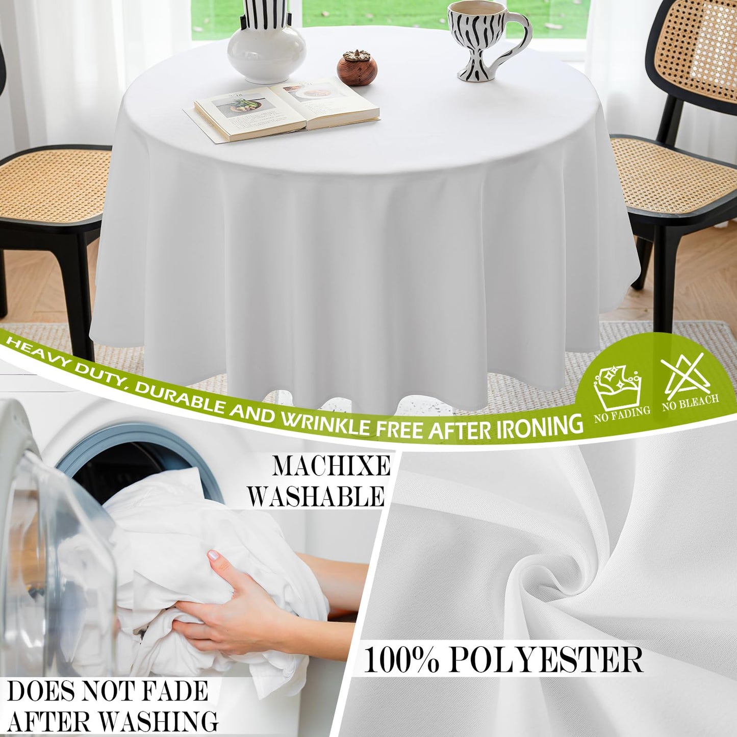 BYDOLL Table Cloth 60 Inch Round Tablecloth Fits Max50 Inch Diameter Table Top,White Polyester Washable Wrinkle-Free Spillproof Tablecloth for Party Patio Cover