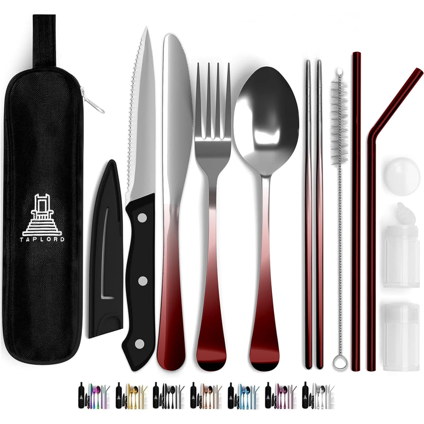 Taplord Portable Travel Silverware Set With Case - Includes 10 Pcs of Utensils, Stainless Steel Flatware For Camping, Easy to Travel, Lightweight (Red Two Tune)