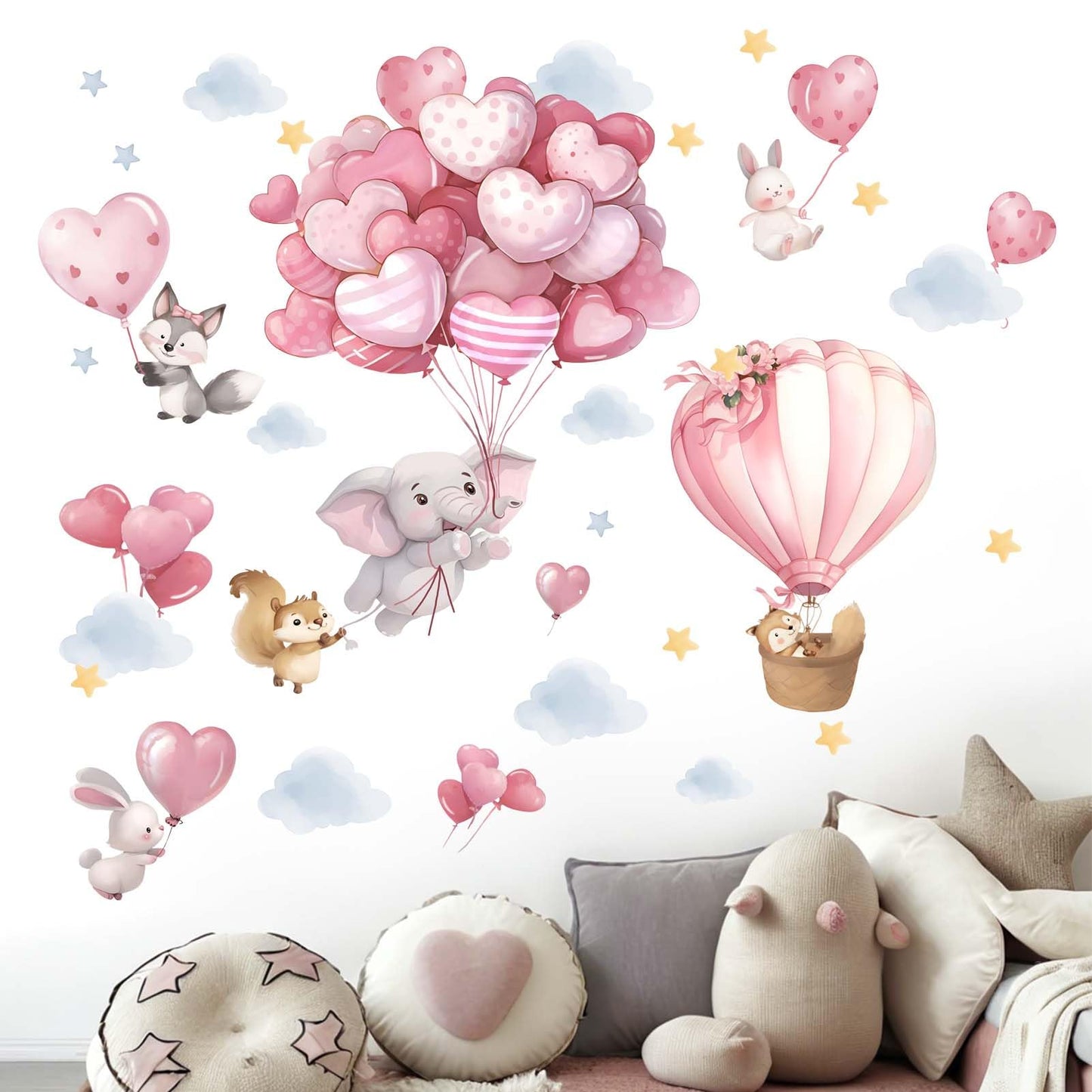 Animals Balloon Wall Stickers for Nursery: Baby Girls Kids Boys Bedroom Wall Decals - Pink Hot Air Balloon Elephant Fox