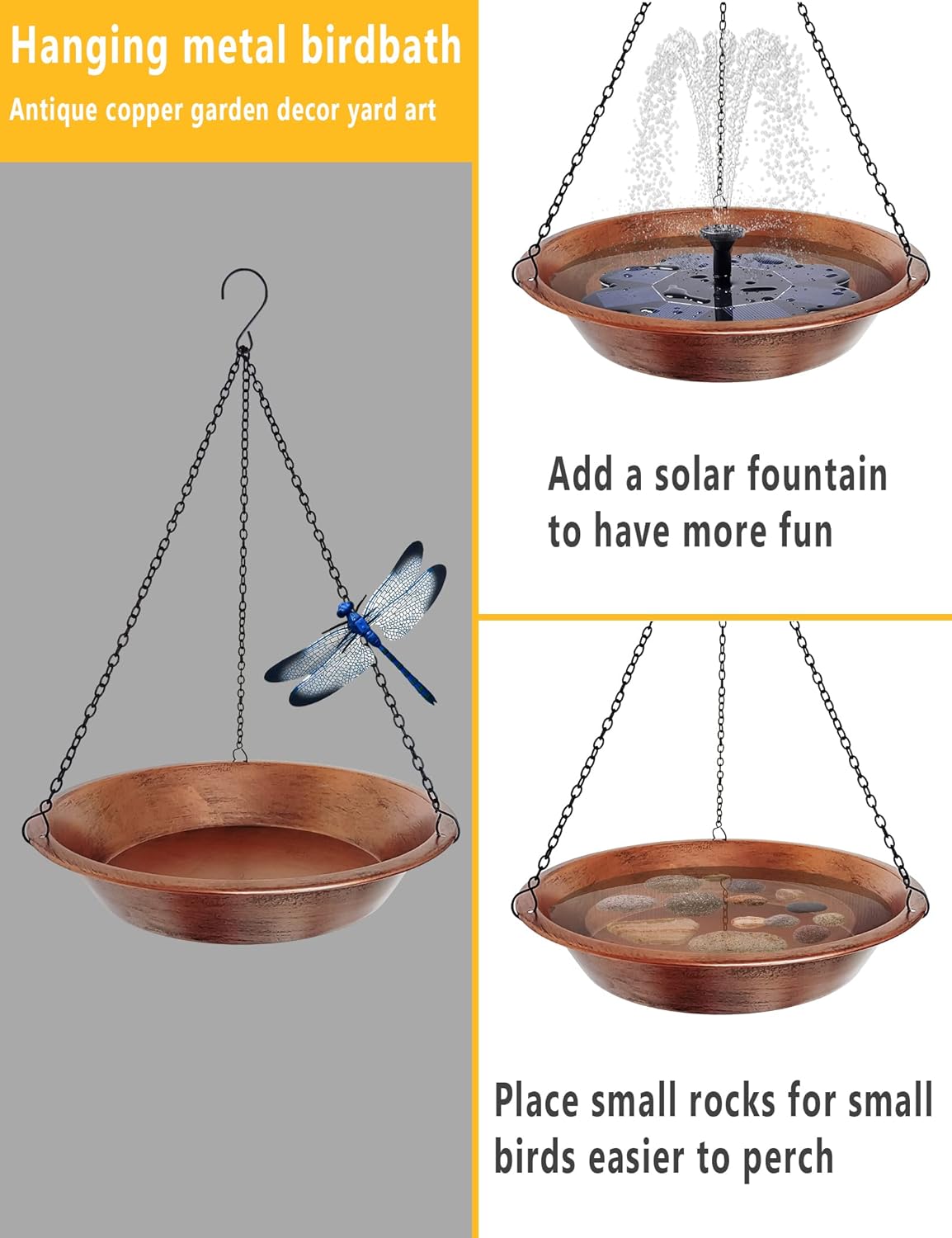 Skiennix Hanging Bird Bath - Antique Copper Metal Feeder with 17” Rust-Proof Chains for Garden Decor