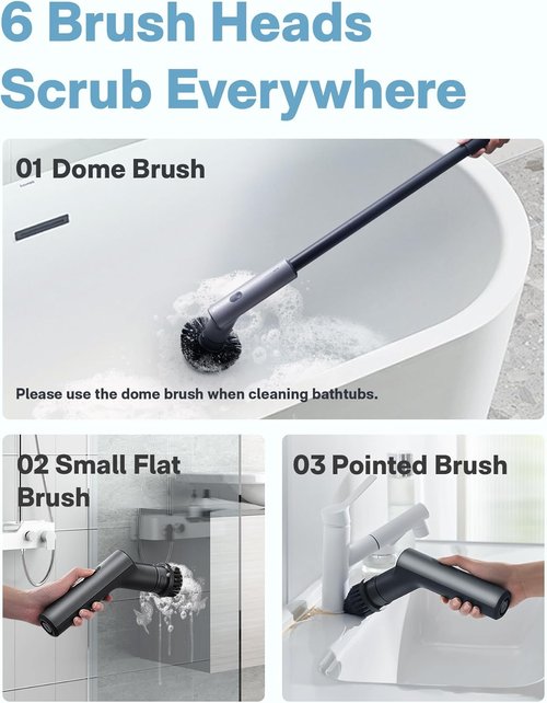 HOTO Cordless Electric Spin Scrubber - Waterproof Bathroom Cleaning Brush with 6 Brush Heads & Long Handle