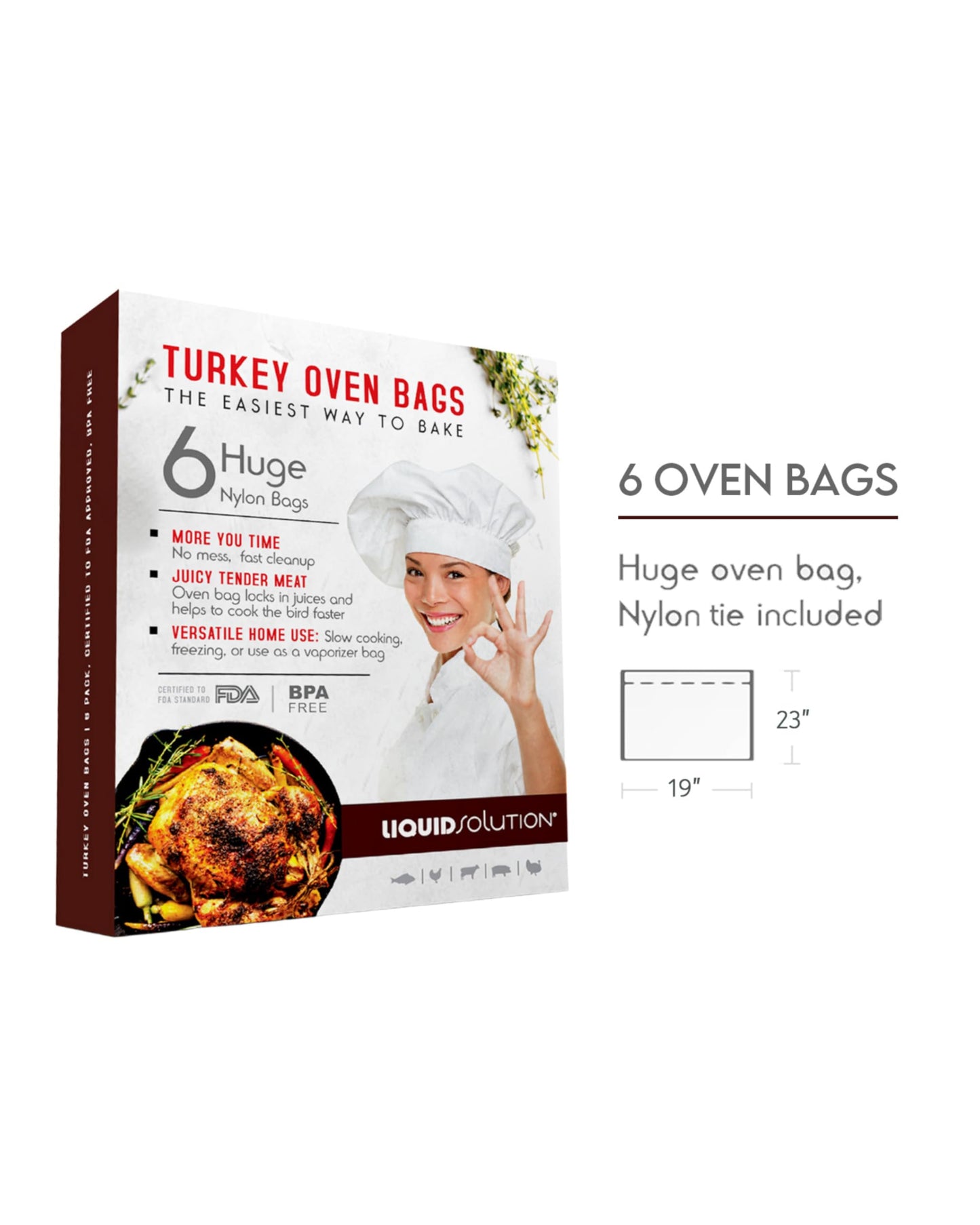 Liquid Solution Oven Bags for Perfect Roasted Turkey Chicken or Veggies, Locks In Juices and Turkey Flavoring, BPA-Free and Oven-Safe, 6 pack (19 x 23 in)