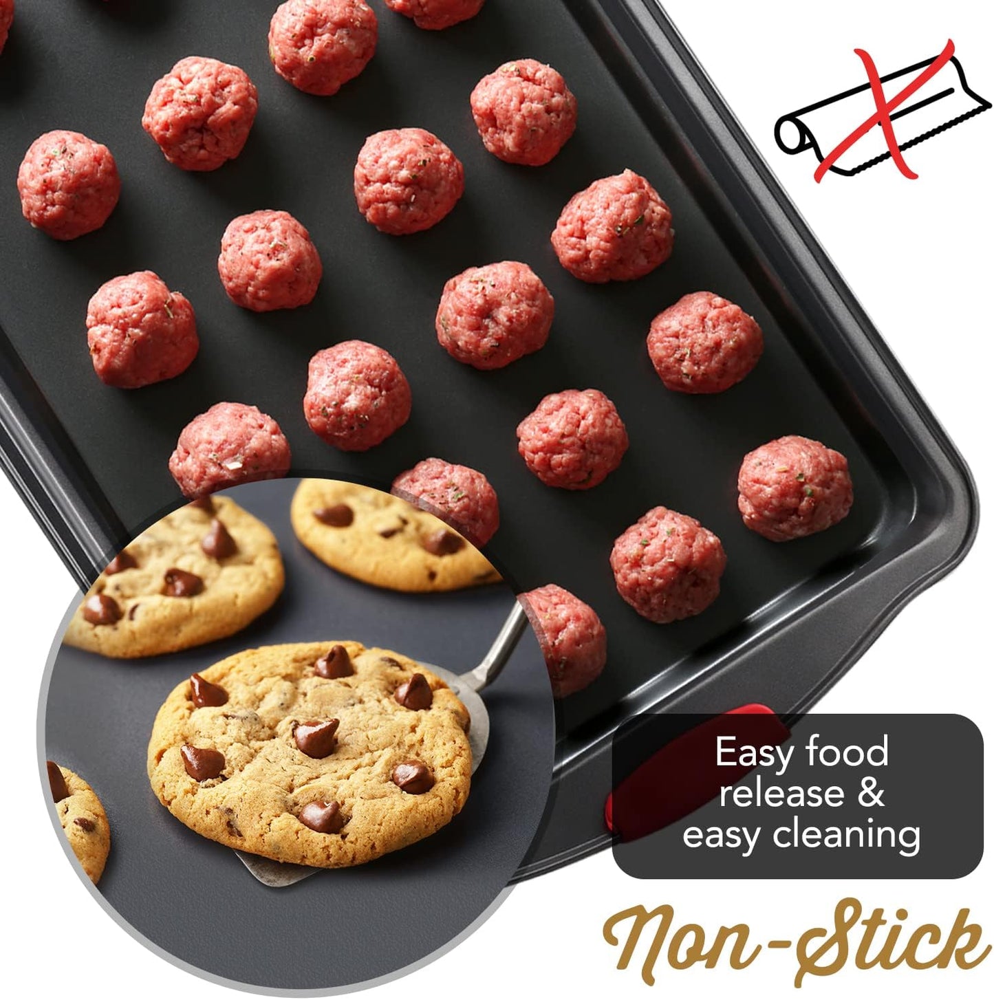 Skiennix Baking Sheet Set - 2-Piece Nonstick Cookie Sheets with Silicone Handles | Durable Black Steel Pans