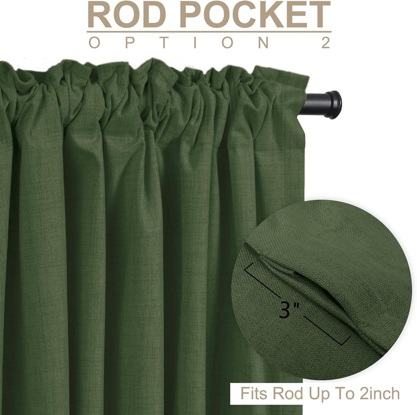 Skiennix 100% Blackout Linen Curtains - Thermal Insulated Drapes for Bedroom | 50" W x 96" L, Moss Green