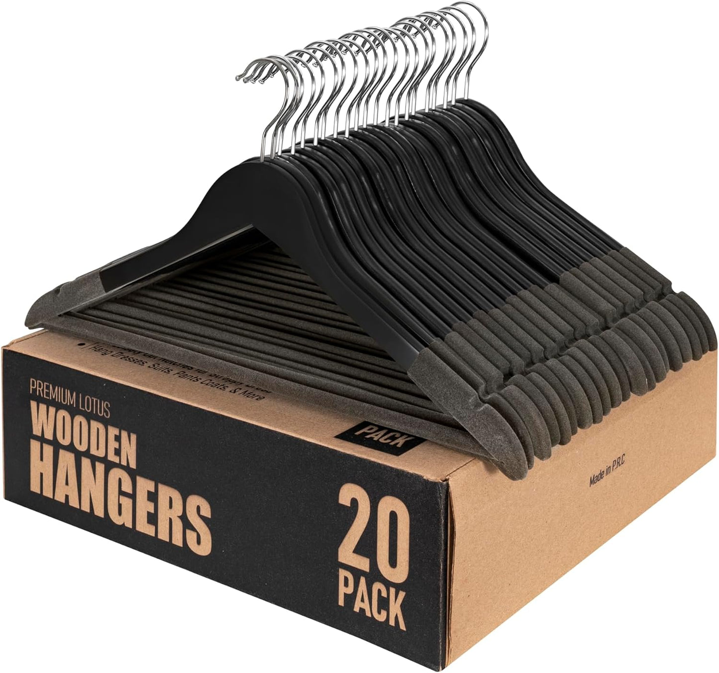 SAMSARC Black Wooden Hangers - Luxury Non-Slip Lotus Wood with Velvet Bar & 360° Swivel Hook | 20 Pack for Suits & Coats
