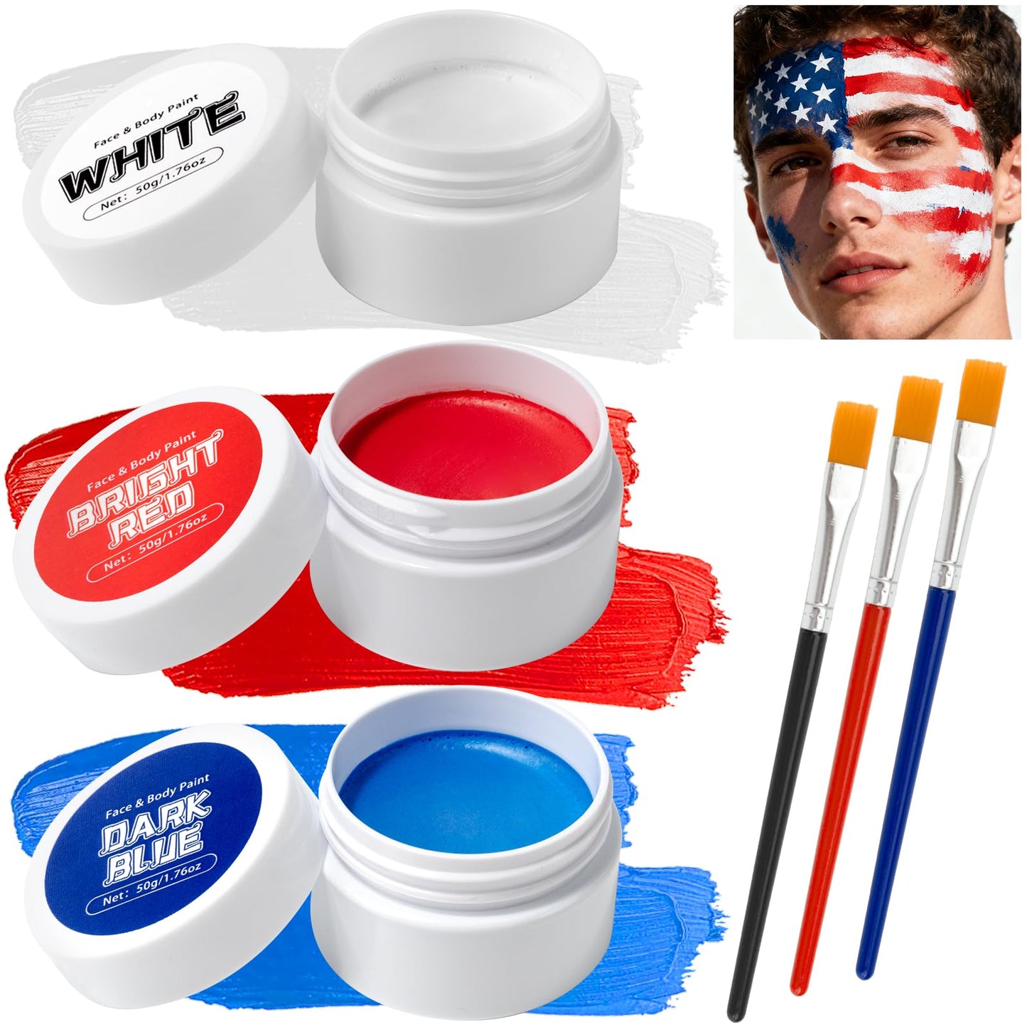 TonJin White Red Blue Face Body Paint Set 5.28oz,Non-Toxic Professional Facepaint Makeup Kit with 3 Brushes for 4th of July USA Independence Day Football Softball Players Clown Spiderman