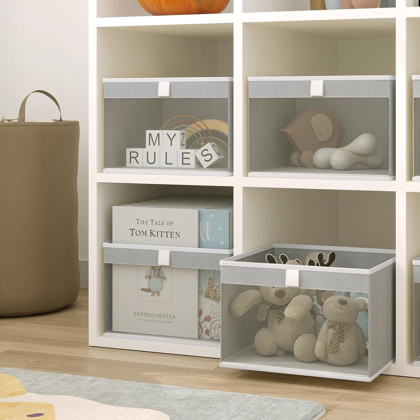 Linen Closet Organizers by [Brand Name] - Foldable Storage Bins with Mesh Window | 4-Pack Gray Baskets (12.75" x 12.75" x 9")