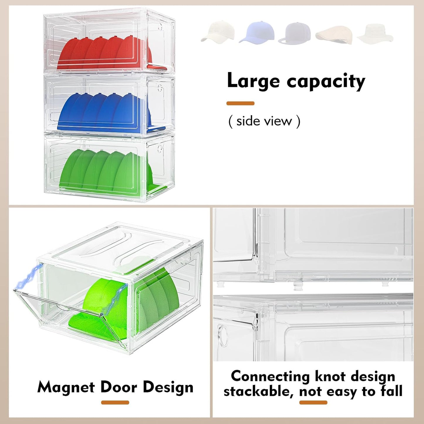 YKLSLH Hat Organizer Box - Durable Clear Storage for 40 Hats | Magnetic Door, 6-Box Set