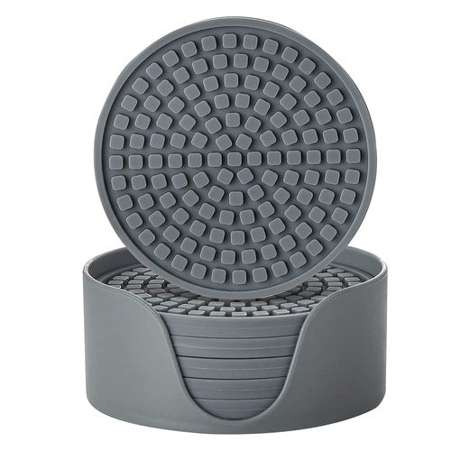 Colinda Silicone Drink Coasters with Holder, Set of 6, Outdoor Cup Mat for Hot or Cold Drinks, Thickened, Non-Slip,Non-Stick, Warm Grey